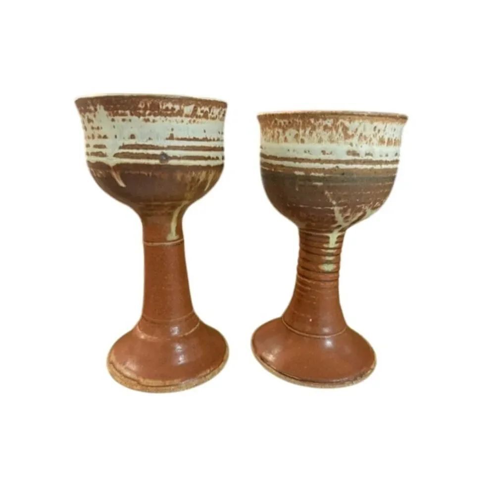 Studio Pottery Goblets pair Handmade Ceramic Chalice Cups Earth Tone 6.25"